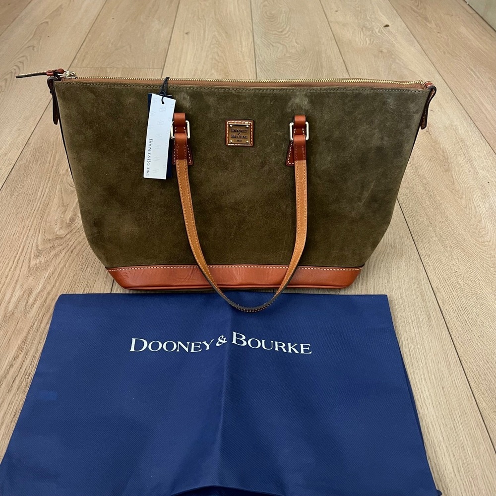 Dooney & Bourke NWT Suede Large Zip Tote Olive Green w/Tan Leather Trim